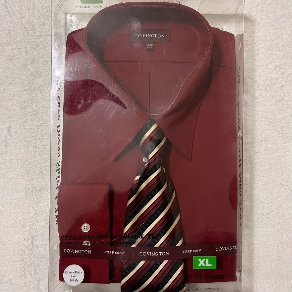 Covington Men's Burgundy Dress Shirt with Striped Tie